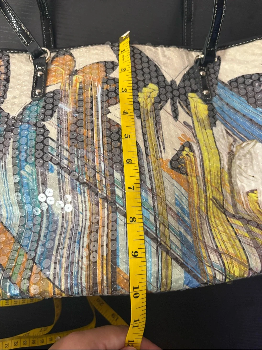 Nine West Butterfly Sequin Graphic Tote Bag Black Patent Shopper